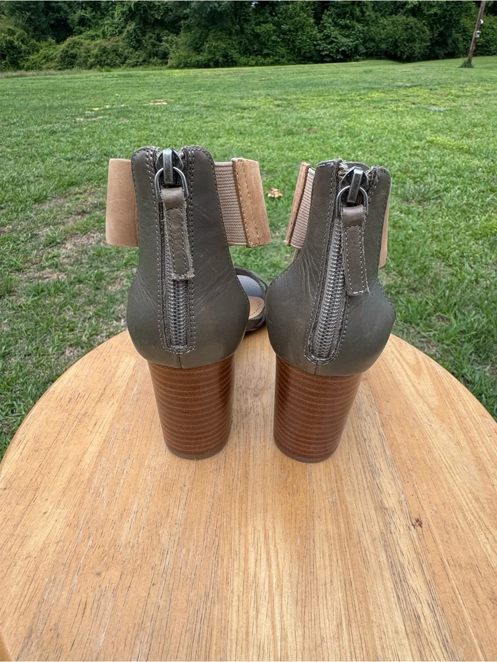 Ladies Audrey Brooke Taupe and Beige Crisscross Block Heel Sandals